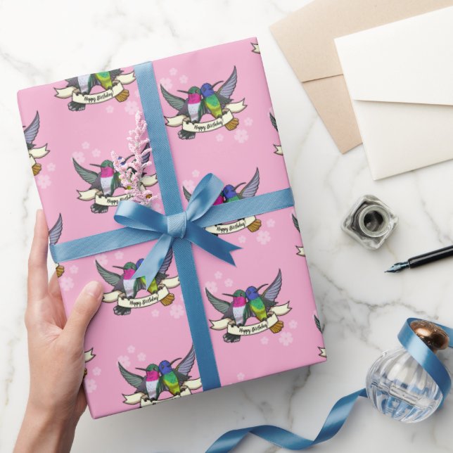 Happy Birthday! Hummingbirds With Ribbon Cartoon Wrapping Paper (Gifting)