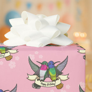 Happy Birthday! Hummingbirds With Ribbon Cartoon Wrapping Paper