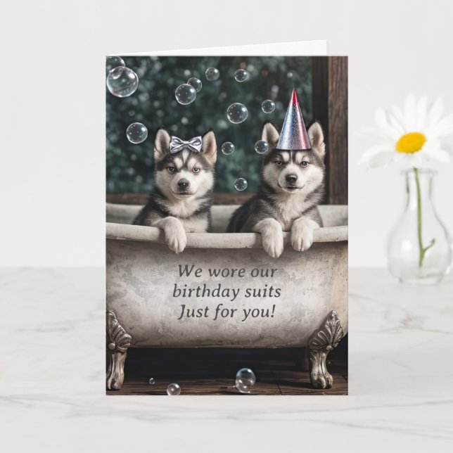 Happy Birthday Humourous Huskies in a Bath Tub Card (Small Plant)