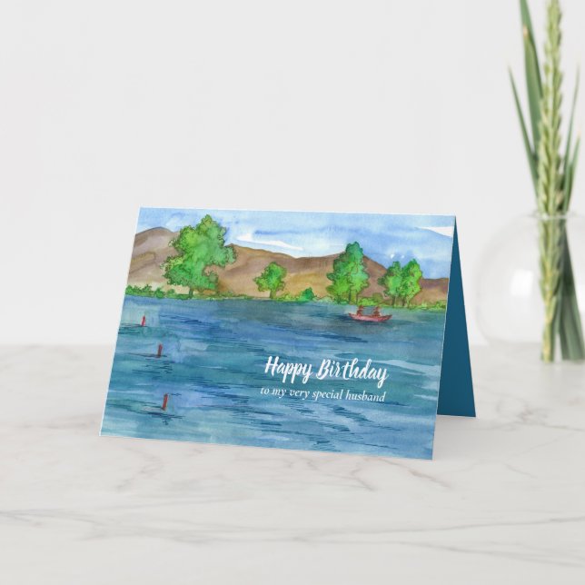 Happy Birthday Husband Mountain Lake Fishing Card (Front)