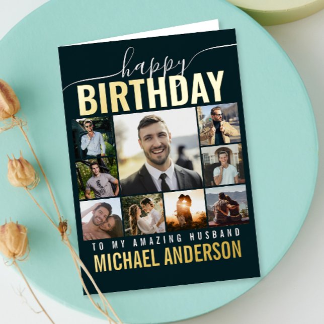 Happy Birthday Husband | Wife Collage Photo Gold Foil Greeting Card (Show your love in style with a custom foil birthday card that shines as bright as they do.)