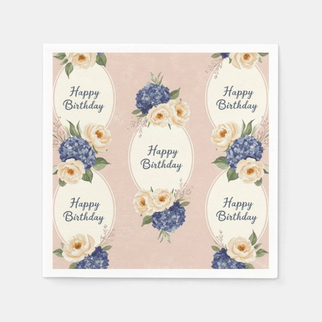  Happy Birthday, Hydrangeas and Peonies  Napkin (Front)