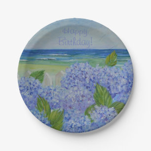 Happy Birthday Hydrangeas By The Sea Paper Plate