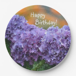 Happy Birthday Impressionistic Purple Hydrangea Paper Plate