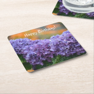 Happy Birthday Impressionistic Purple Hydrangea Square Paper Coaster