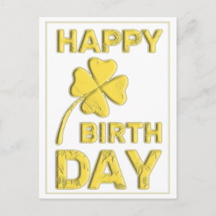 Happy Birthday in Gold with 4-leaf-clover! Postcard