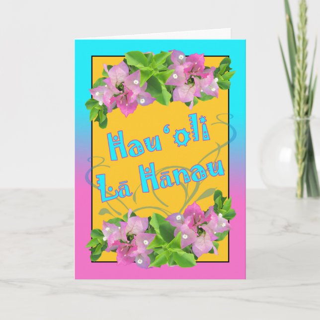 Happy Birthday in Hawaiian with Bougainvillea Card (Front)