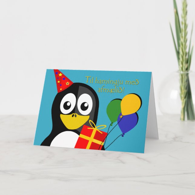 Happy Birthday in Icelandic, Cute Penguin Card (Front)