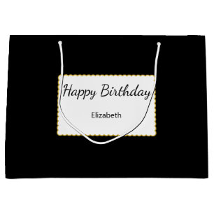 Happy Birthday in Script Name Black White & Gold Large Gift Bag