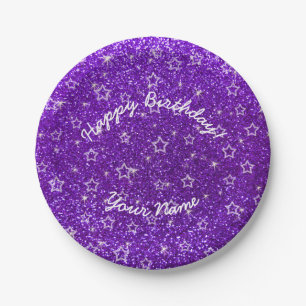 Happy Birthday indigo purple glitter stars Paper Plate