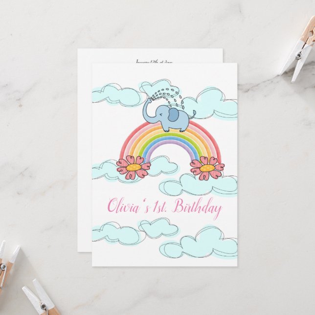 Happy Birthday Invitation Baby Blue Elephant (Front/Back In Situ)