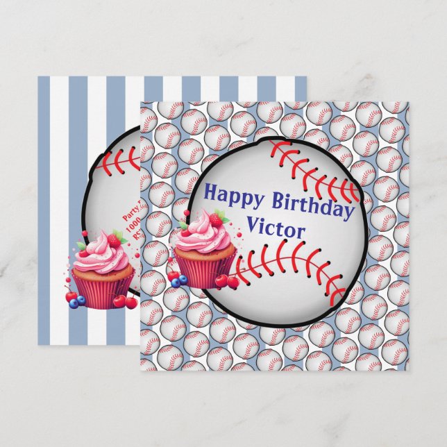 Happy Birthday Invitation Stripe Blue Baseball (Front/Back)