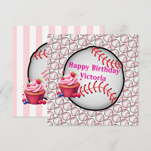 Happy Birthday Invitation Stripe Pink Baseball (Front/Back)