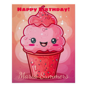 Happy Birthday Italian Ice-cream Kawaii Cartoon Poster