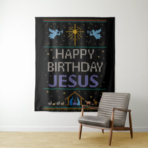 Happy Birthday Jesus Christmas Purple Religious Tapestry