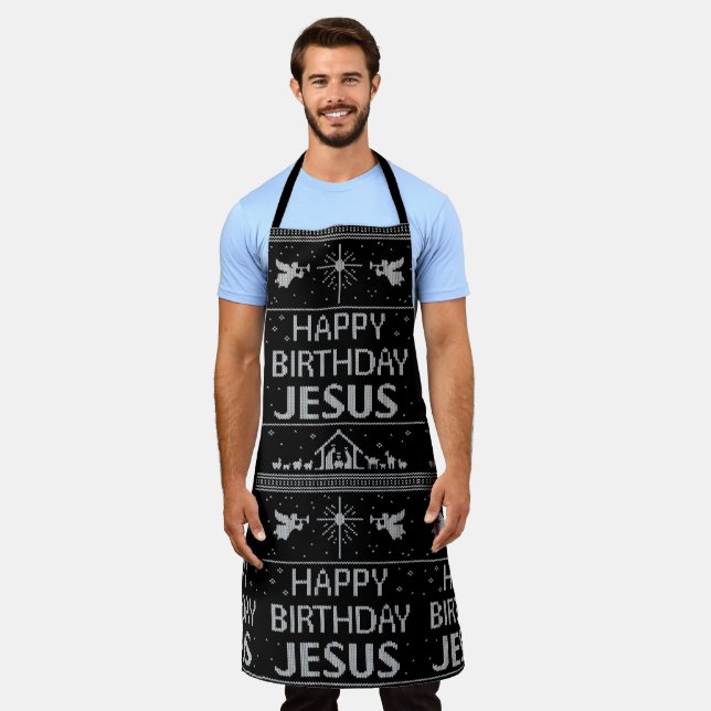 Happy Birthday Jesus Christmas Sweater Black White Apron (Worn)