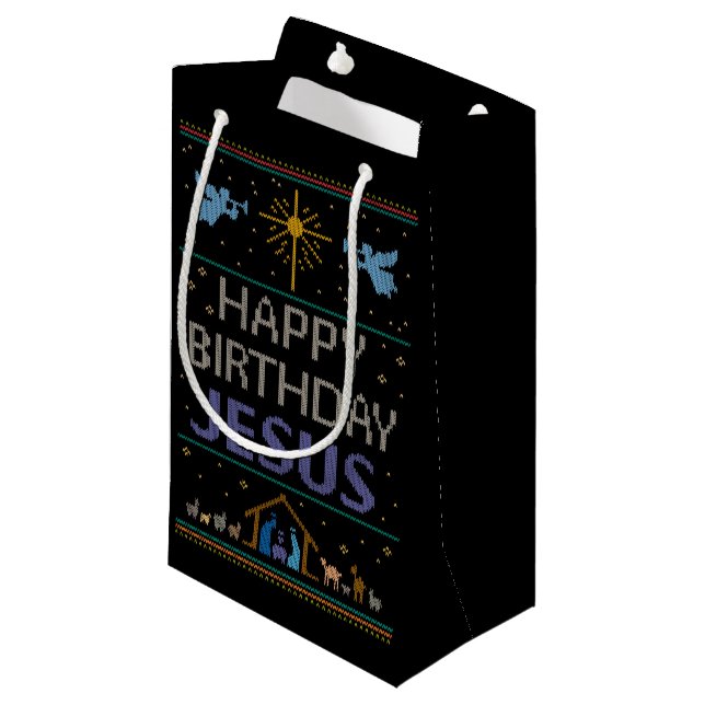 Happy Birthday Jesus Christmas Sweater Christian Small Gift Bag (Front Angled)