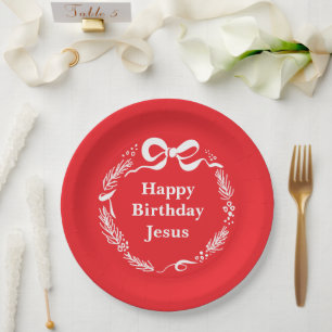Happy Birthday Jesus Hand Drawn Bow Christmas Paper Plate