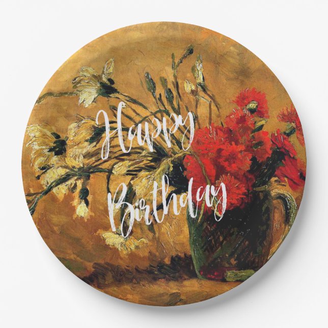 Happy Birthday, Jug with Red and White Carnations Paper Plate (Front)