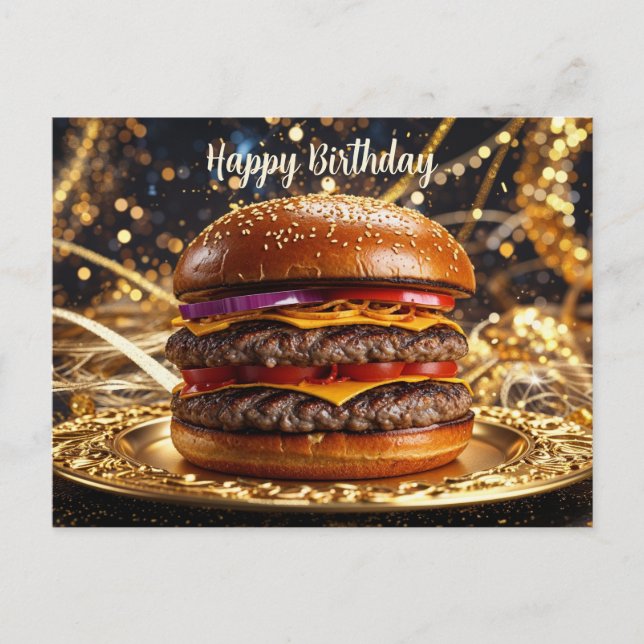 Happy Birthday Juicy Hamburger on the Plate  Postcard (Front)