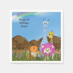 Happy Birthday jungle animals with huts Napkin