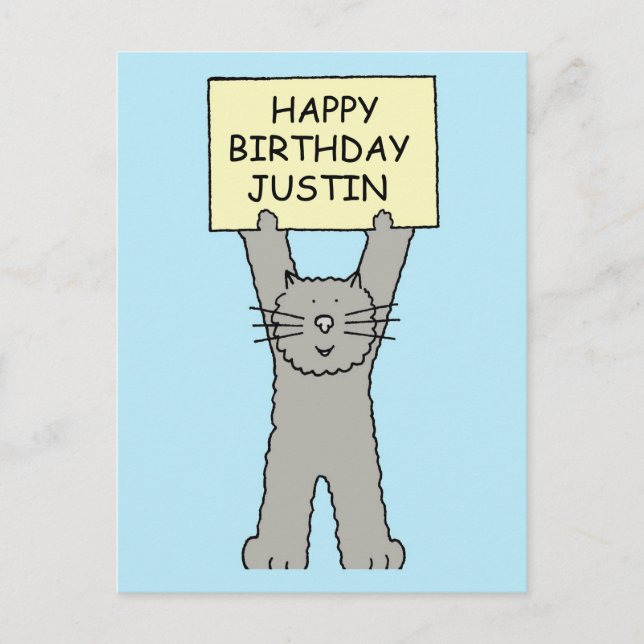 Happy Birthday Justin Cartoon Cat Postcard (Front)