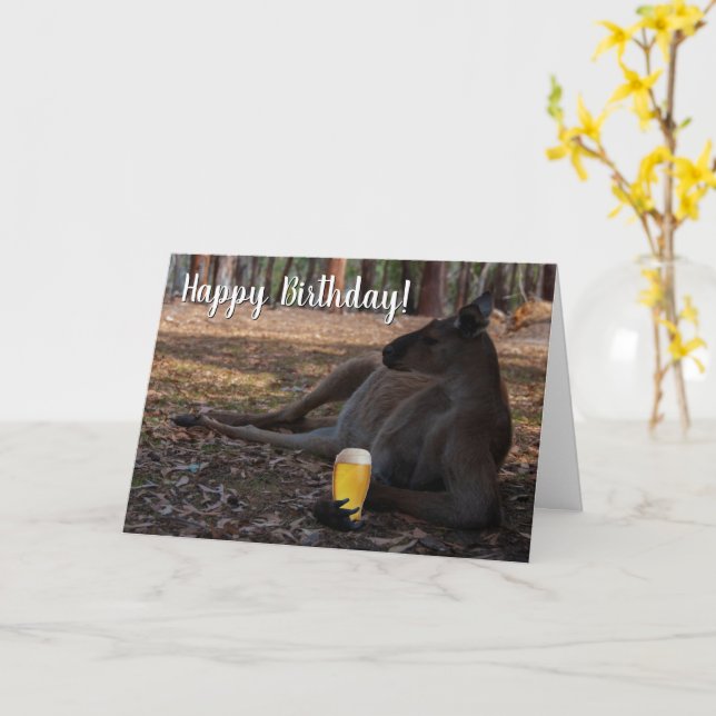 Happy Birthday Kangaroo Australia with Beer Funny Card (Yellow Flower)