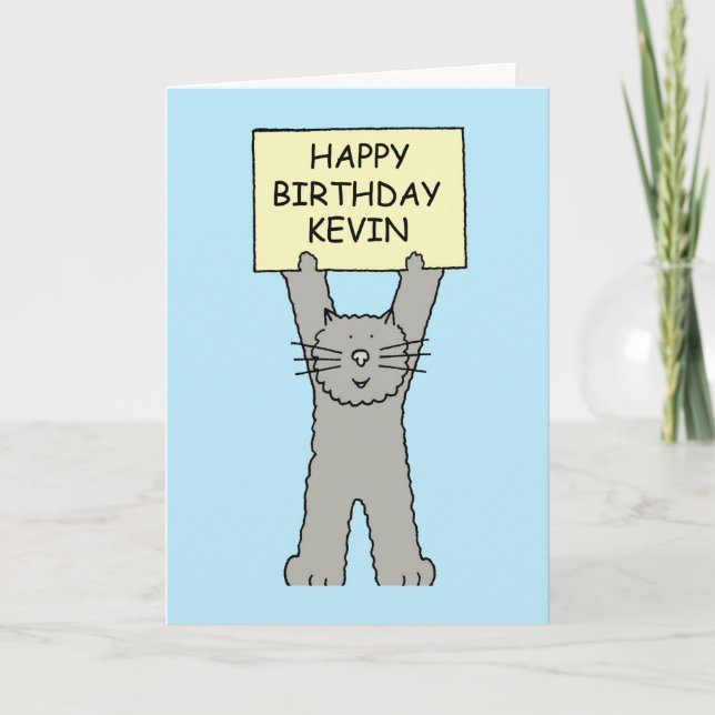 Happy Birthday Kevin, Cartoon Cat. Card (Front)