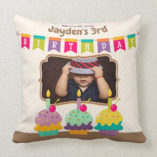 Happy Birthday Kid Colourful Cupcakes Bunting Phot Cushion