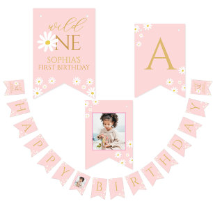 Happy Birthday Kids boho daisy Cute Pink  Bunting