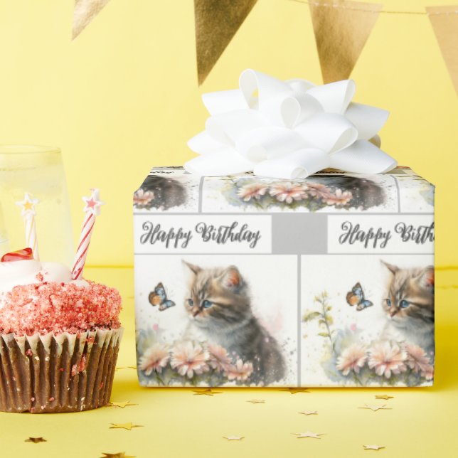 Happy Birthday Kitten In Garden   Wrapping Paper (Birthday Party)