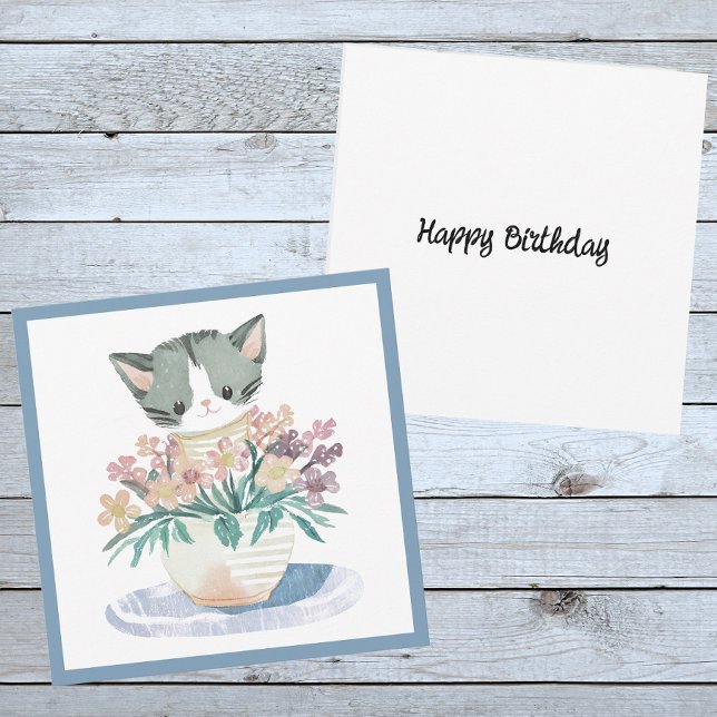 Happy Birthday Kitten Sitting In A Pot Of Flowers Card (Front And Back)