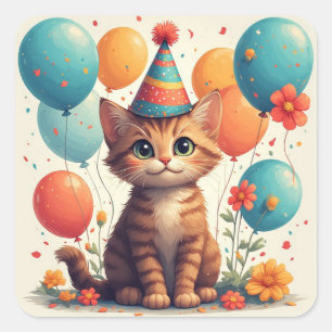 Happy Birthday Kitten With Party Balloons And Fun Square Sticker