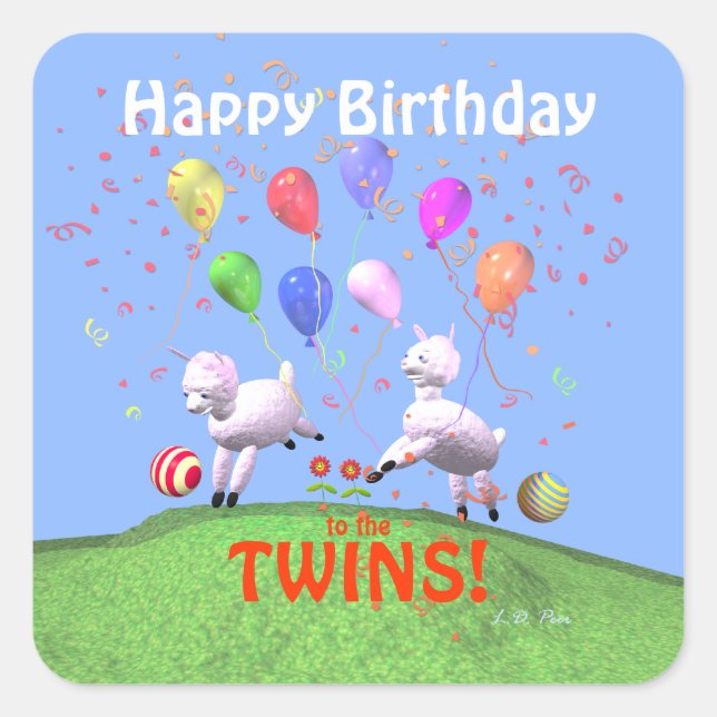 Happy Birthday Lambs for Twins Square Sticker (Front)