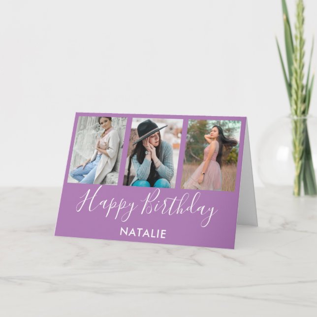 Happy Birthday Lavender and White 3 Photo Collage Card (Front)