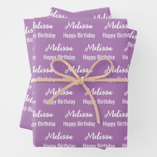 Happy Birthday Lavender and White Name Pattern Wrapping Paper Sheet