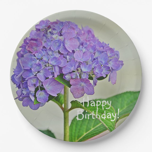 Happy Birthday Lavender Hydrangea Paper Plate (Front)