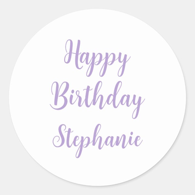 Happy Birthday Lavender Purple Custom Name Elegant Classic Round Sticker (Front)