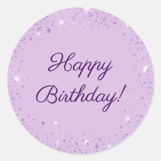 Happy Birthday lavender purple glitter Classic Round Sticker (Front)
