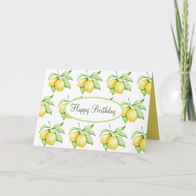Happy Birthday Lemon Pattern Watercolor Script Card (Front)