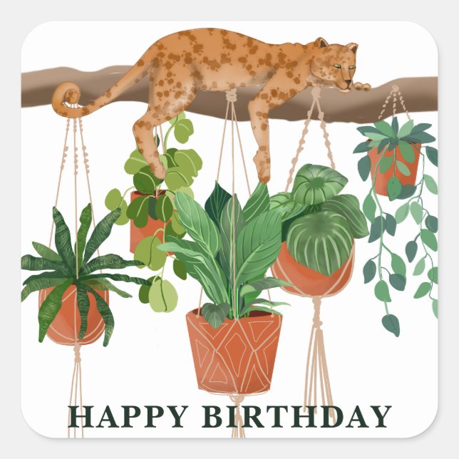 Happy Birthday, Leopard sleeping with house plants Square Sticker (Front)