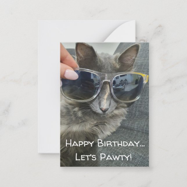 "happy birthday let's pawty" funny grey cat photo card (Front)