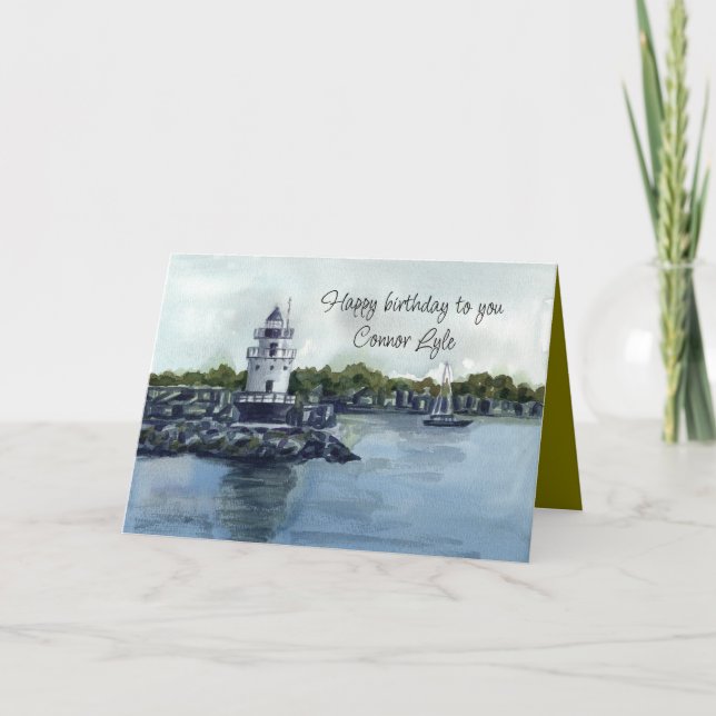 Happy Birthday Lighthouse Watercolor Custom Name Card (Front)