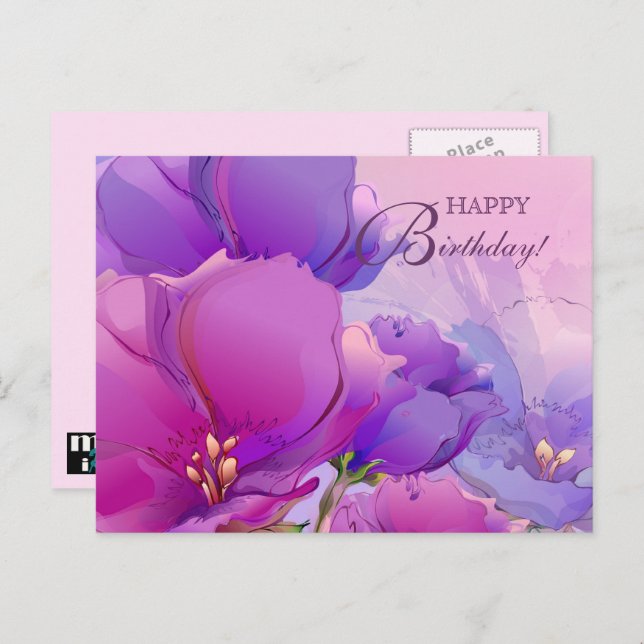 Happy Birthday. Lilac Pink Watercolor Floral  Postcard (Front/Back)