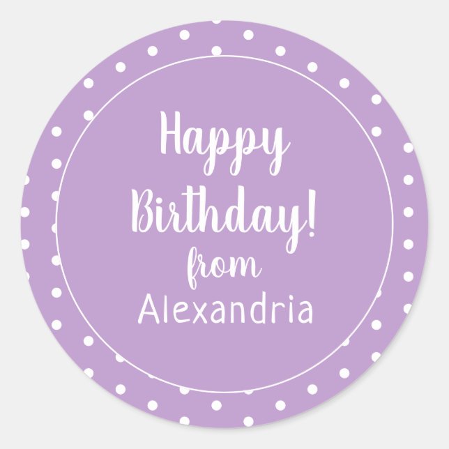 Happy Birthday Lilac Purple Polka Dot Classic Round Sticker (Front)