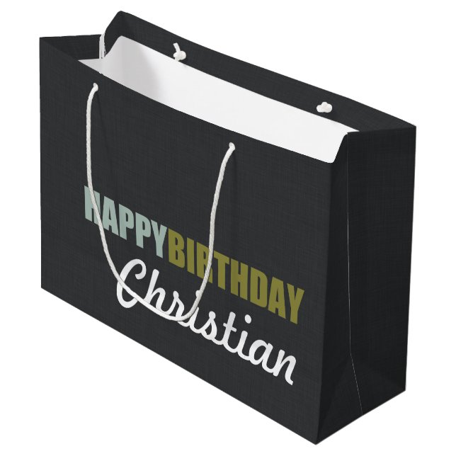Happy Birthday Linen Grey Personalised Large Gift Bag (Front Angled)