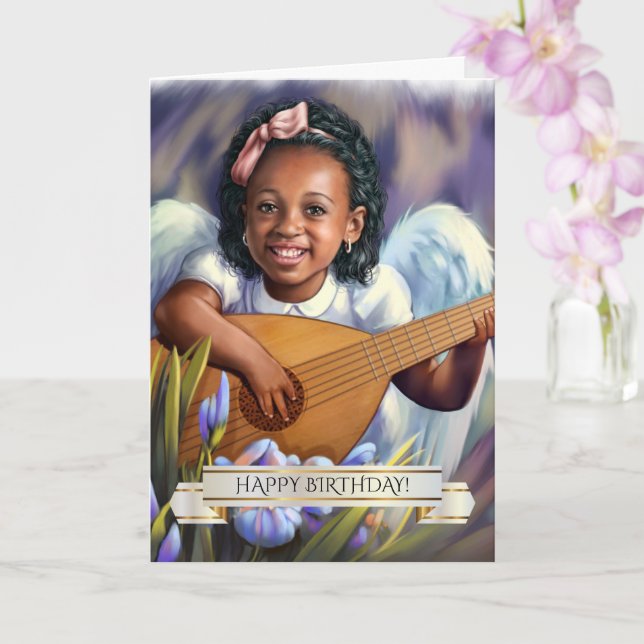 Happy Birthday. Little African American Angel  Card (Orchid)
