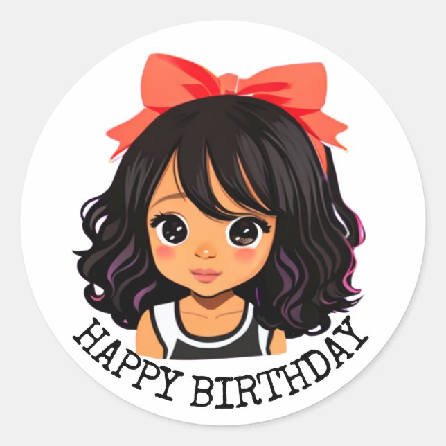 Happy Birthday | Little Cartoon Girl Classic Round Sticker (Front)