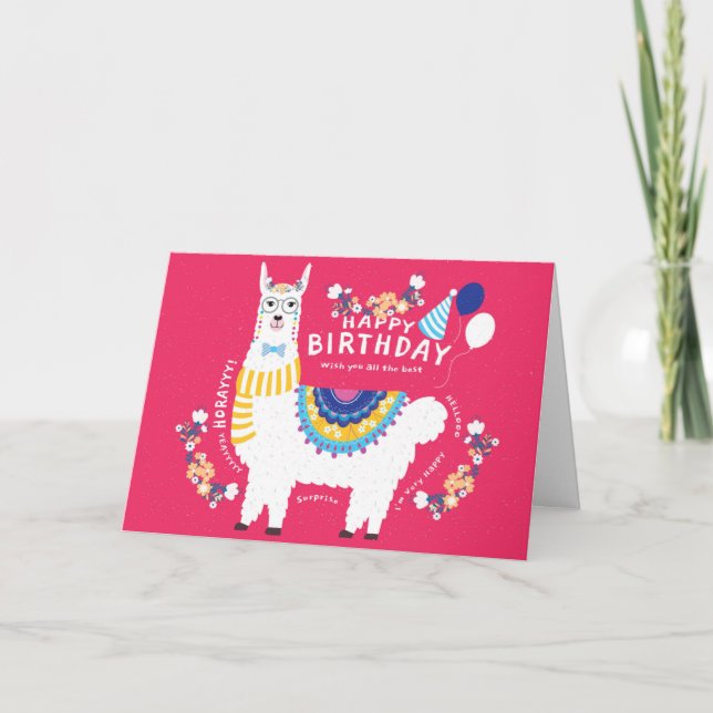 Happy Birthday Llama Hot Pink Card (Front)
