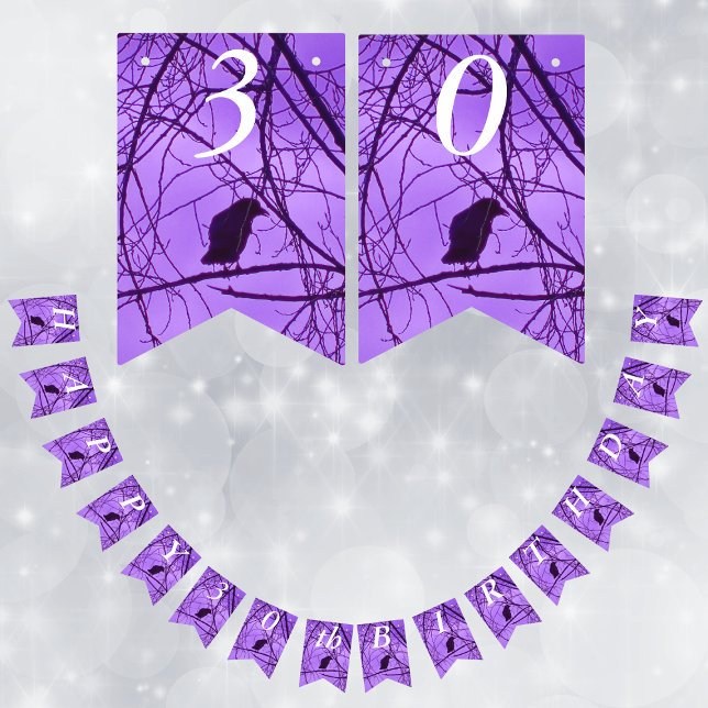 Happy Birthday Lone Black Crow in Trees Purple Sky Bunting (Silhouette of single black crow in spooky barren trees on purple Happy Birthday Party banner flags.)